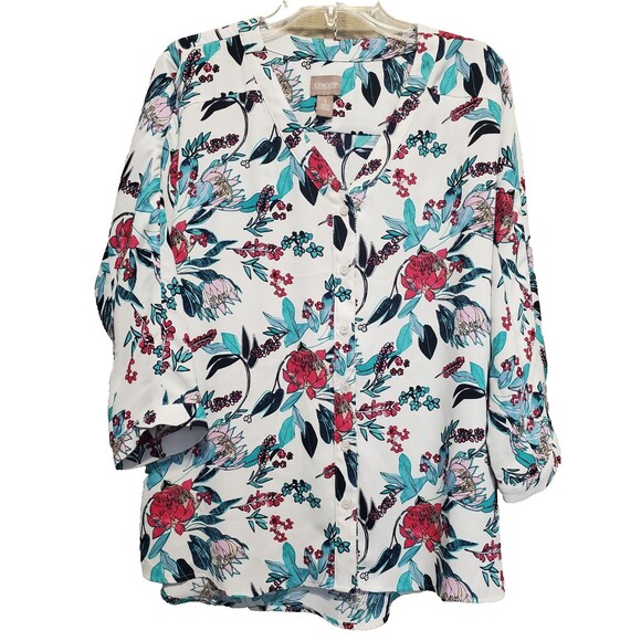Chico's Tops - Chico's White Floral V-Neck Dolman Sleeve Button-Up Tunic Size 1 Medium